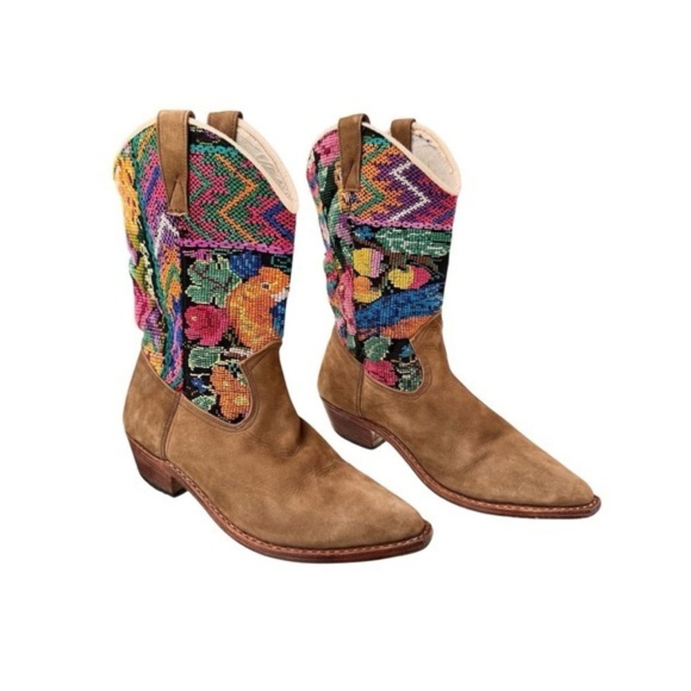 Genuine Suede Colorful Embroidered Southwestern Cowboy Boots - Picture 2 of 8